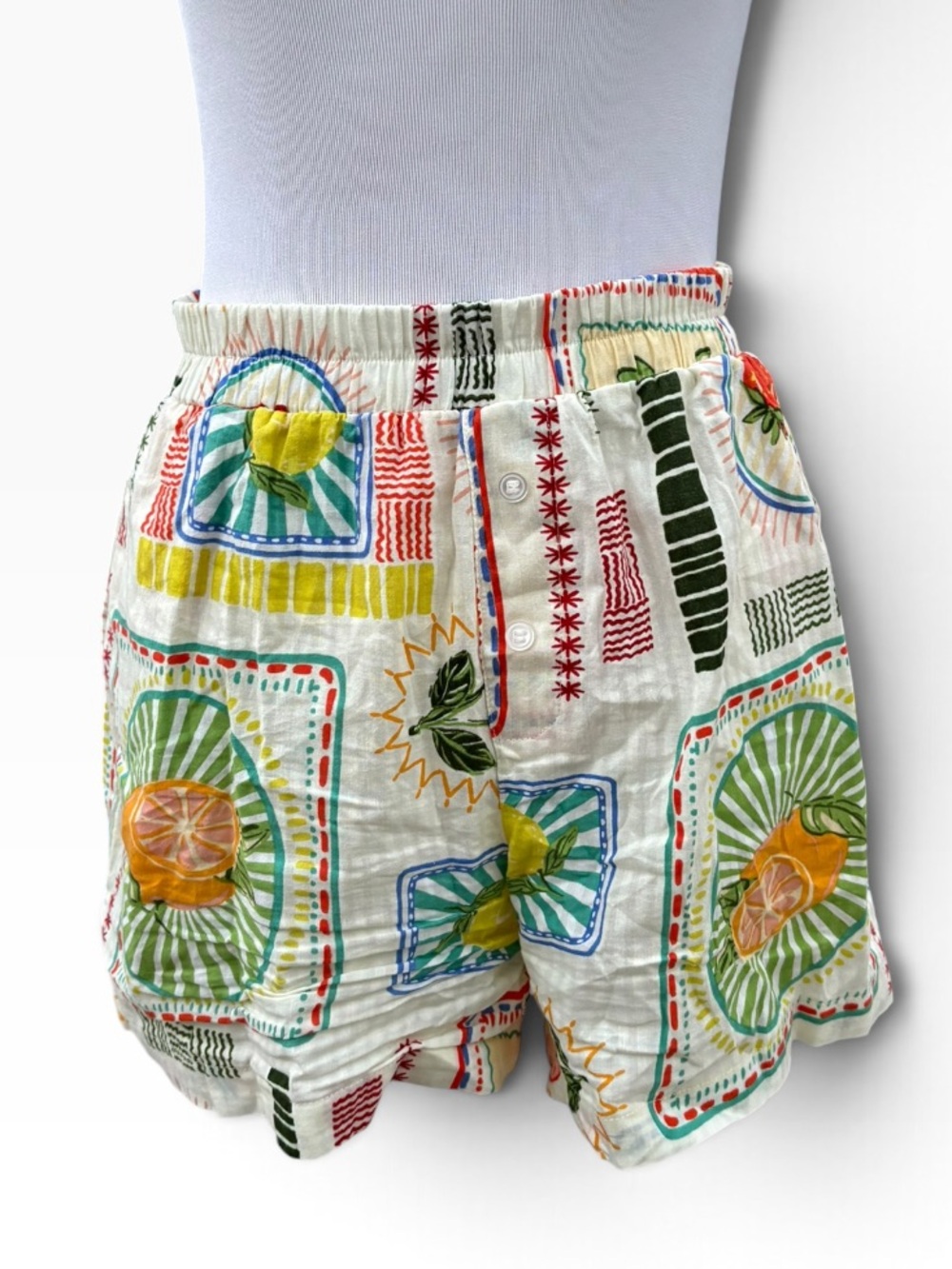 White Cotton Patchwork Citrus Print Shorts